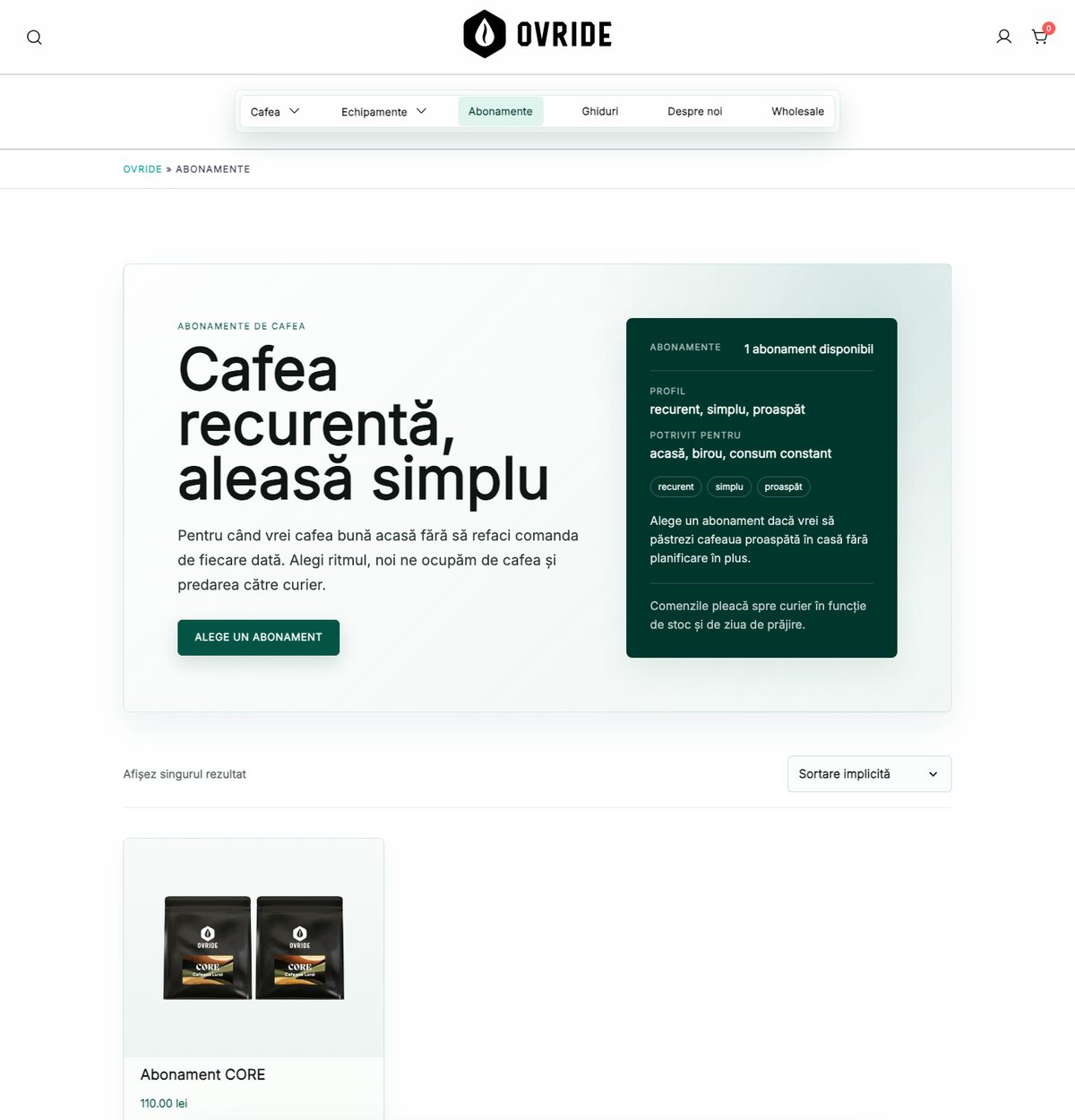 Pagina de abonamente recurente de cafea din magazinul ovride.coffee