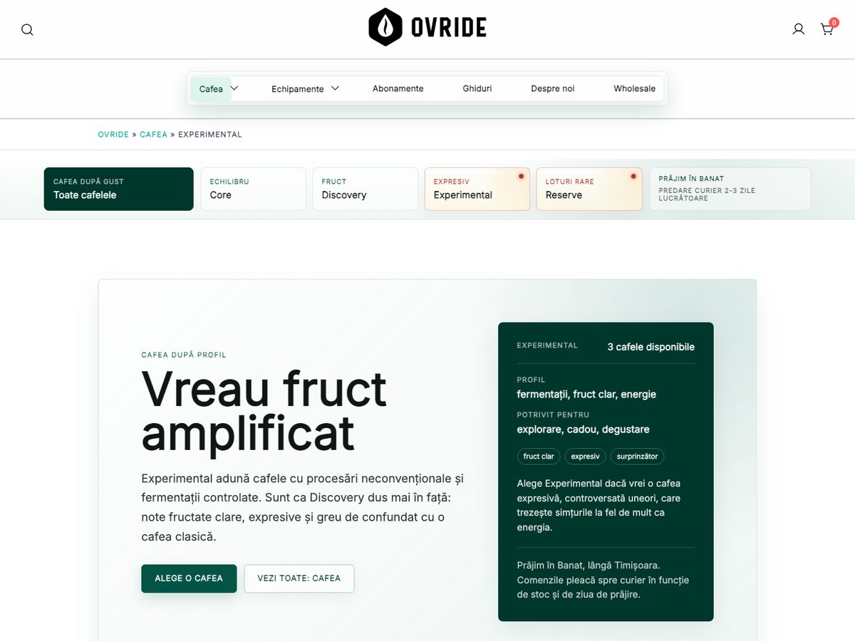 Pagina de categorie „Experimental” din magazinul ovride.coffee, cu filtrarea cafelelor după profil