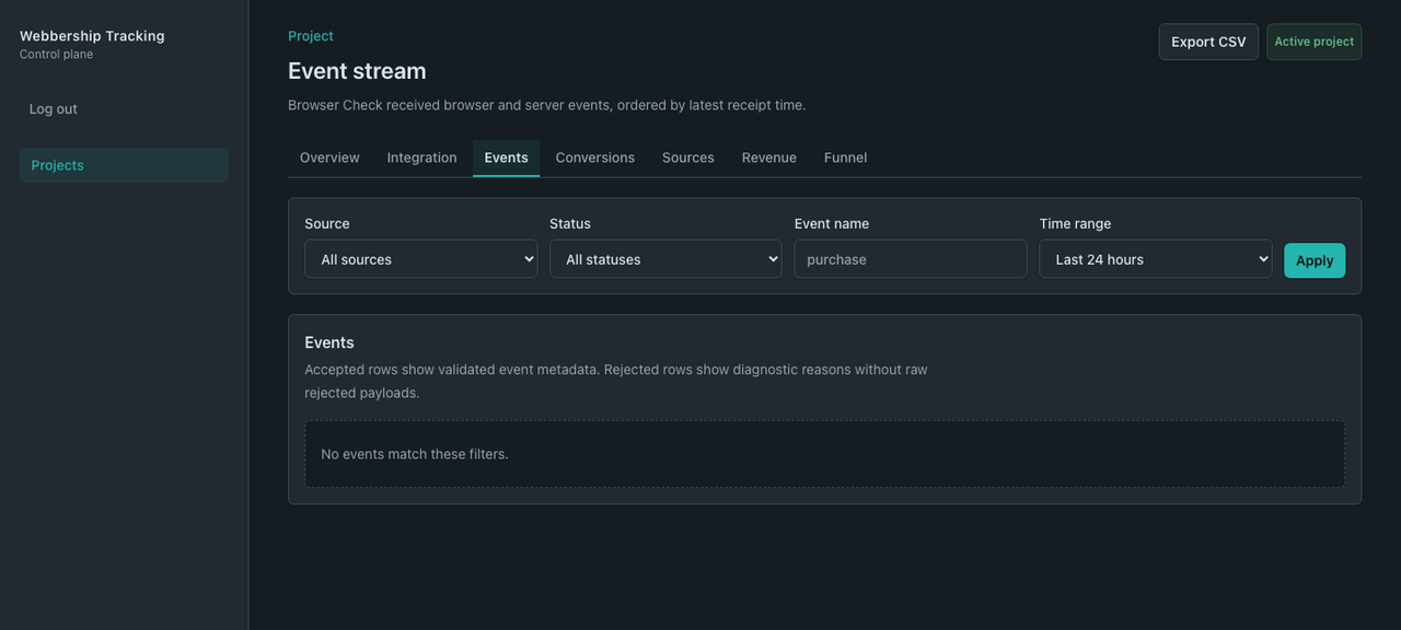 Panoul de control webbership tracking — fluxul de evenimente, cu file pentru conversii, surse, venituri și funnel