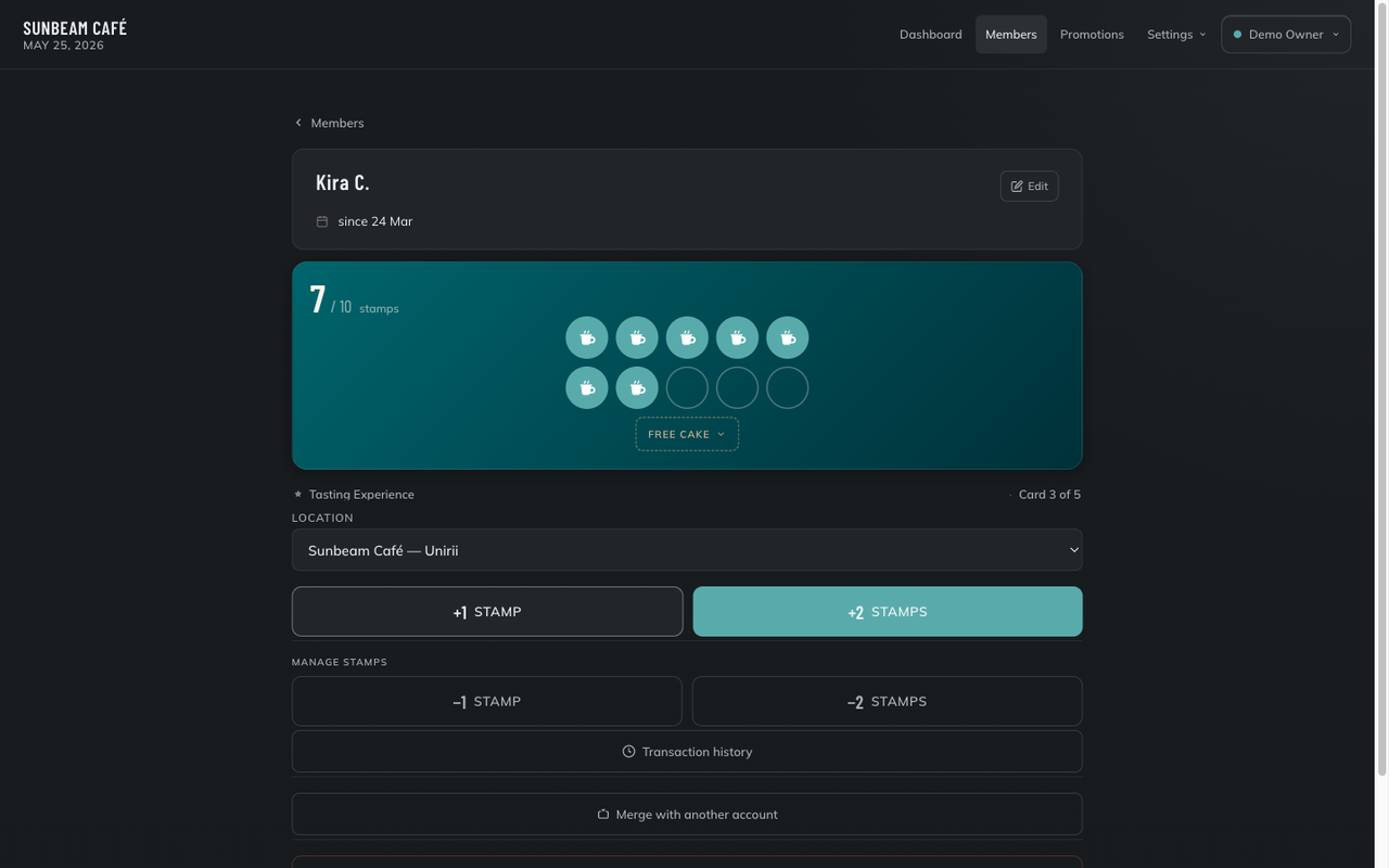 Cardul de ștampile al unui membru în webbership.app, cu istoric și controale de ștampilare